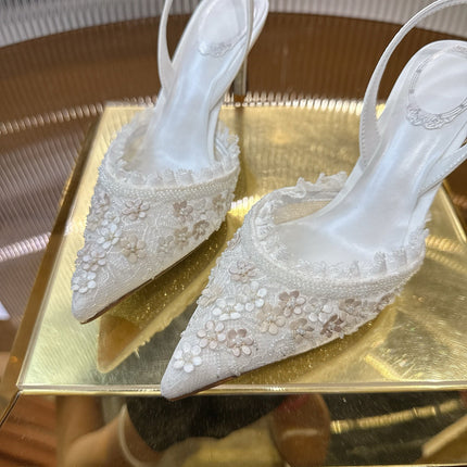 RENE CAOVILLA 26S SLINGBACK 75 MM IN WHITE LACE STRAP FLOWER EMBELLISHED