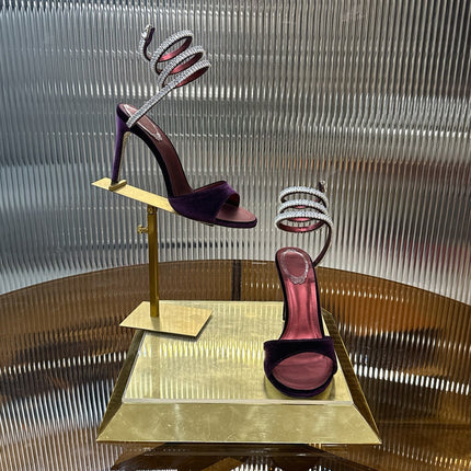 RENE CAOVILLA 26S CRYSTAL WRAP HEELS 95 MM IN DARK RED VELVET
