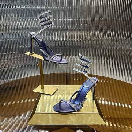 RENE CAOVILLA 26S STILETTO SANDALS 95 MM IN NAVY BLUE LAMBSKIN