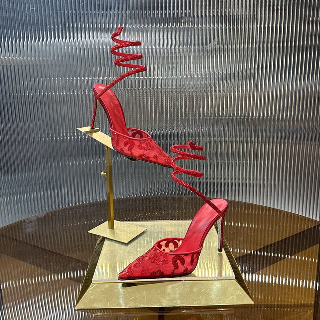 RENE CAOVILLA 26S HIGH-HEEL 100 MM IN RED MESH AND LAMBSKIN EMBELLISHED