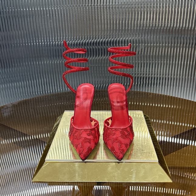 RENE CAOVILLA 26S HIGH-HEEL 100 MM IN RED MESH AND LAMBSKIN EMBELLISHED