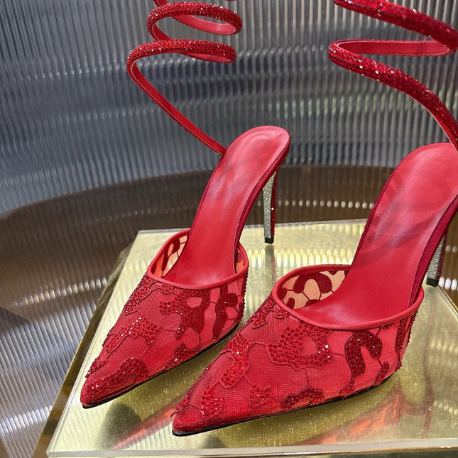 RENE CAOVILLA 26S HIGH-HEEL 100 MM IN RED MESH AND LAMBSKIN EMBELLISHED
