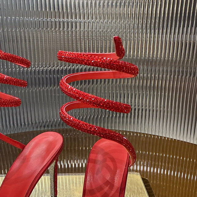 RENE CAOVILLA 26S HIGH-HEEL 100 MM IN RED MESH AND LAMBSKIN EMBELLISHED