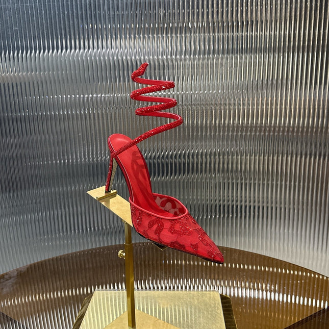 RENE CAOVILLA 26S HIGH-HEEL 100 MM IN RED MESH AND LAMBSKIN EMBELLISHED