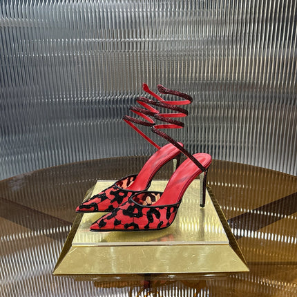 RENE CAOVILLA 26S HIGH-HEEL 100 MM IN BLACK MESH AND RED LAMBSKIN EMBELLISHED