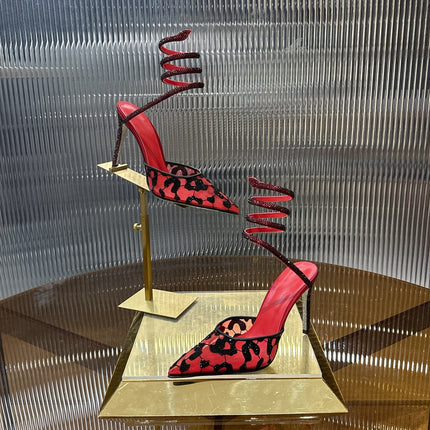 RENE CAOVILLA 26S HIGH-HEEL 100 MM IN BLACK MESH AND RED LAMBSKIN EMBELLISHED