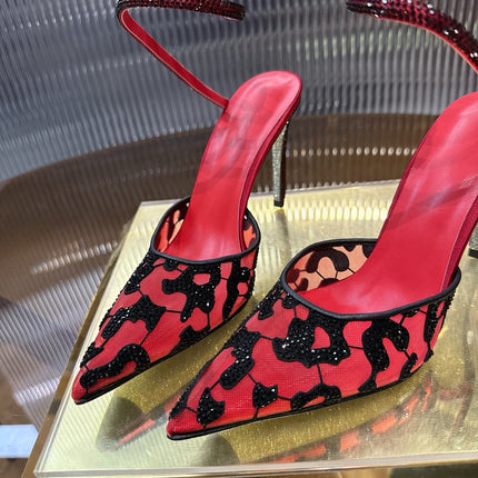RENE CAOVILLA 26S HIGH-HEEL 100 MM IN BLACK MESH AND RED LAMBSKIN EMBELLISHED