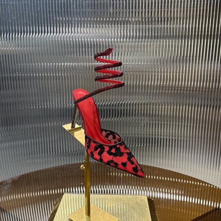 RENE CAOVILLA 26S HIGH-HEEL 100 MM IN BLACK MESH AND RED LAMBSKIN EMBELLISHED