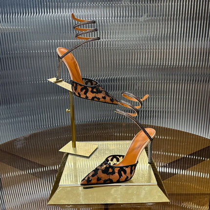 RENE CAOVILLA 26S HIGH-HEEL 100 MM IN BLACK MESH AND BROWN LAMBSKIN EMBELLISHED