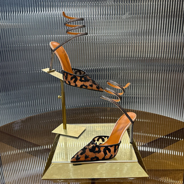 RENE CAOVILLA 26S HIGH-HEEL 100 MM IN BLACK MESH AND BROWN LAMBSKIN EMBELLISHED