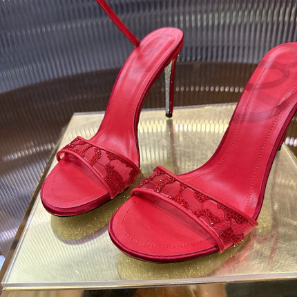 RENE CAOVILLA 26S TWISTED-STRAP HIGH-HEEL SANDALS 100 MM IN RED MESH AND LAMBSKIN