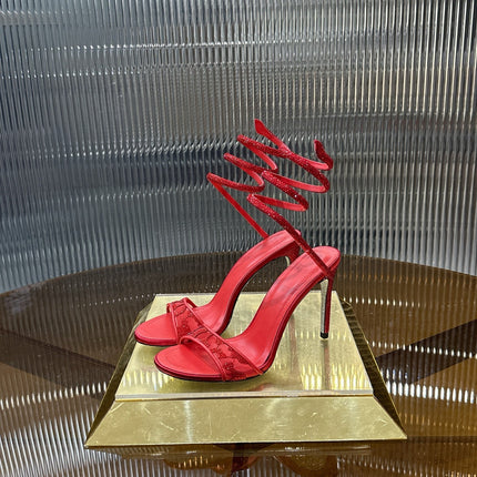 RENE CAOVILLA 26S TWISTED-STRAP HIGH-HEEL SANDALS 100 MM IN RED MESH AND LAMBSKIN