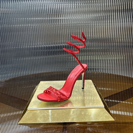 RENE CAOVILLA 26S TWISTED-STRAP HIGH-HEEL SANDALS 100 MM IN RED MESH AND LAMBSKIN