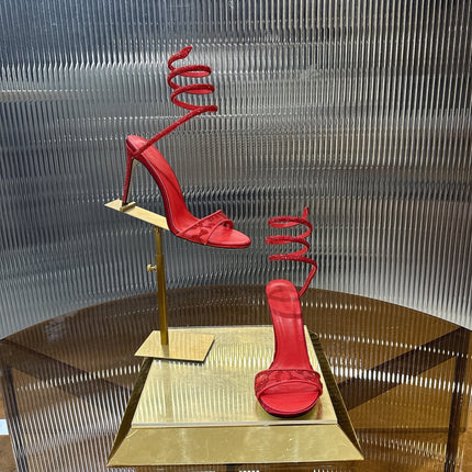RENE CAOVILLA 26S TWISTED-STRAP HIGH-HEEL SANDALS 100 MM IN RED MESH AND LAMBSKIN