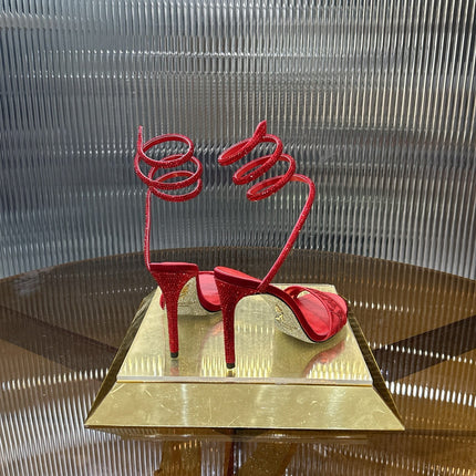 RENE CAOVILLA 26S TWISTED-STRAP HIGH-HEEL SANDALS 100 MM IN RED MESH AND LAMBSKIN