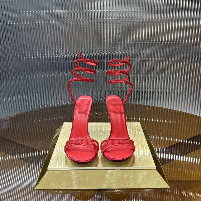 RENE CAOVILLA 26S TWISTED-STRAP HIGH-HEEL SANDALS 100 MM IN RED MESH AND LAMBSKIN
