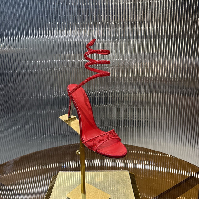 RENE CAOVILLA 26S TWISTED-STRAP HIGH-HEEL SANDALS 100 MM IN RED MESH AND LAMBSKIN