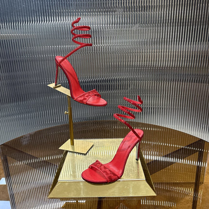RENE CAOVILLA 26S TWISTED-STRAP HIGH-HEEL SANDALS 100 MM IN RED MESH AND LAMBSKIN