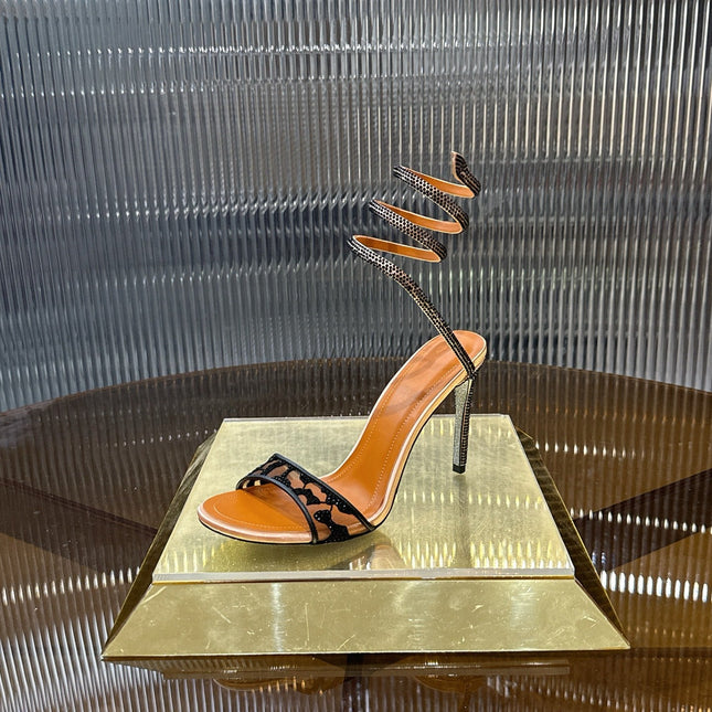 RENE CAOVILLA 26S TWISTED-STRAP HIGH-HEEL SANDALS 100 MM IN BLACK MESH AND BROWN LAMBSKIN