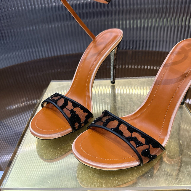 RENE CAOVILLA 26S TWISTED-STRAP HIGH-HEEL SANDALS 100 MM IN BLACK MESH AND BROWN LAMBSKIN