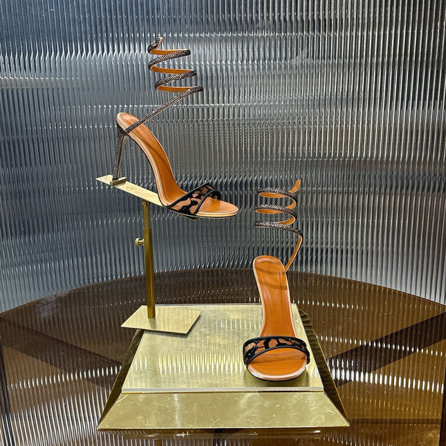 RENE CAOVILLA 26S TWISTED-STRAP HIGH-HEEL SANDALS 100 MM IN BLACK MESH AND BROWN LAMBSKIN