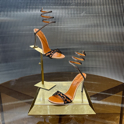 RENE CAOVILLA 26S TWISTED-STRAP HIGH-HEEL SANDALS 100 MM IN BLACK MESH AND BROWN LAMBSKIN