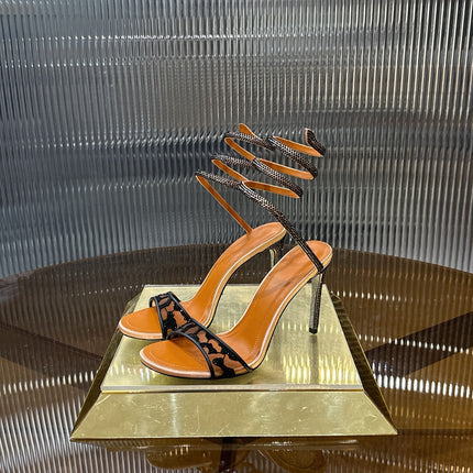 RENE CAOVILLA 26S TWISTED-STRAP HIGH-HEEL SANDALS 100 MM IN BLACK MESH AND BROWN LAMBSKIN