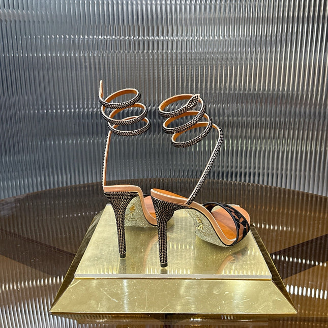 RENE CAOVILLA 26S TWISTED-STRAP HIGH-HEEL SANDALS 100 MM IN BLACK MESH AND BROWN LAMBSKIN