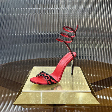 RENE CAOVILLA 26S TWISTED-STRAP HIGH-HEEL SANDALS 100 MM IN BLACK MESH AND RED LAMBSKIN