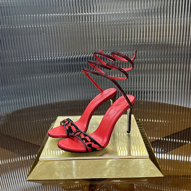 RENE CAOVILLA 26S TWISTED-STRAP HIGH-HEEL SANDALS 100 MM IN BLACK MESH AND RED LAMBSKIN