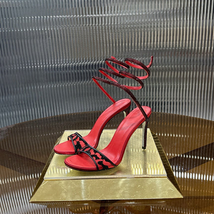 RENE CAOVILLA 26S TWISTED-STRAP HIGH-HEEL SANDALS 100 MM IN BLACK MESH AND RED LAMBSKIN