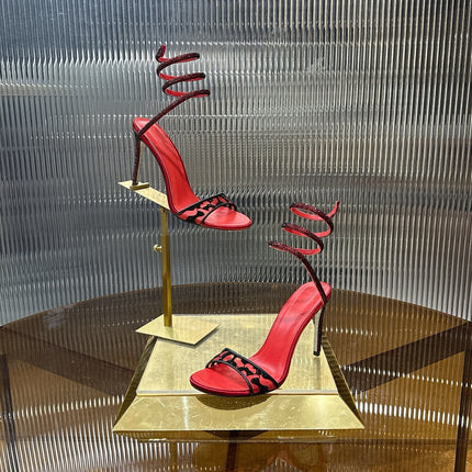 RENE CAOVILLA 26S TWISTED-STRAP HIGH-HEEL SANDALS 100 MM IN BLACK MESH AND RED LAMBSKIN