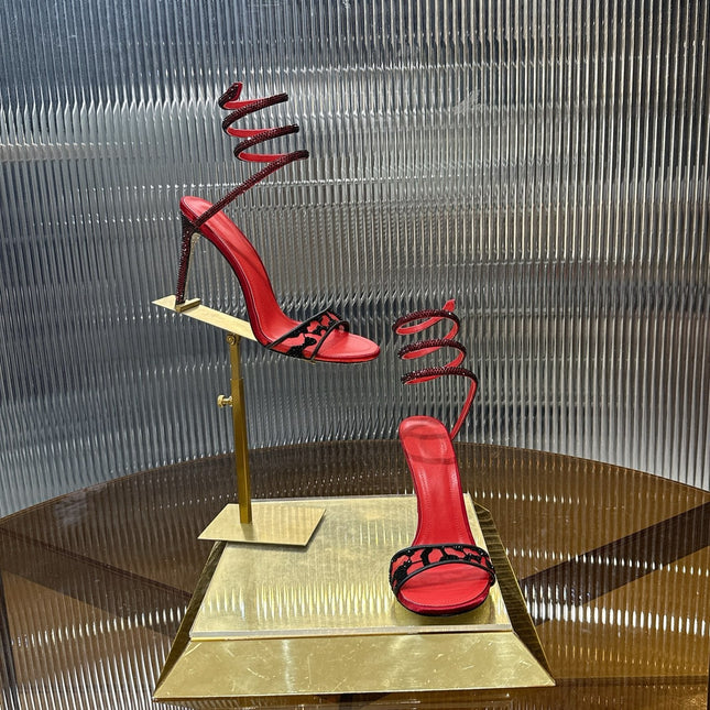 RENE CAOVILLA 26S TWISTED-STRAP HIGH-HEEL SANDALS 100 MM IN BLACK MESH AND RED LAMBSKIN