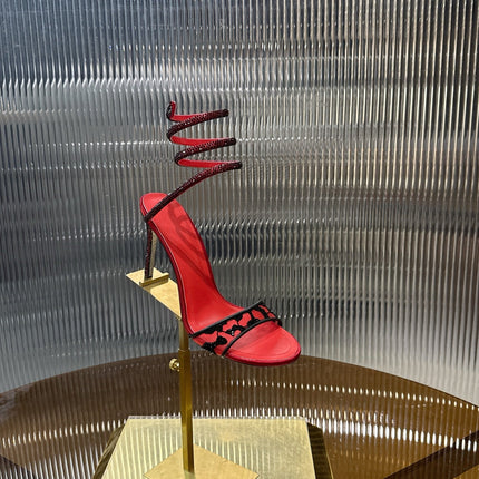 RENE CAOVILLA 26S TWISTED-STRAP HIGH-HEEL SANDALS 100 MM IN BLACK MESH AND RED LAMBSKIN