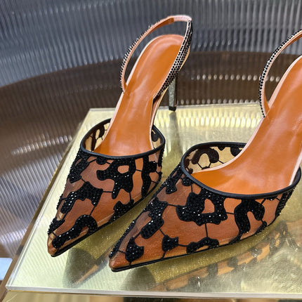 RENE CAOVILLA 26S HIGH-HEEL SLINGBACKS 100 MM IN BROWN MIX BLACK RHINESTONE MESH