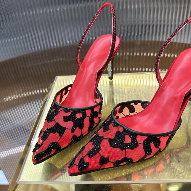 RENE CAOVILLA 26S HIGH-HEEL SLINGBACKS 100 MM IN RED MIX BLACK RHINESTONE MESH