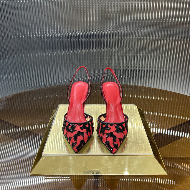 RENE CAOVILLA 26S HIGH-HEEL SLINGBACKS 100 MM IN RED MIX BLACK RHINESTONE MESH