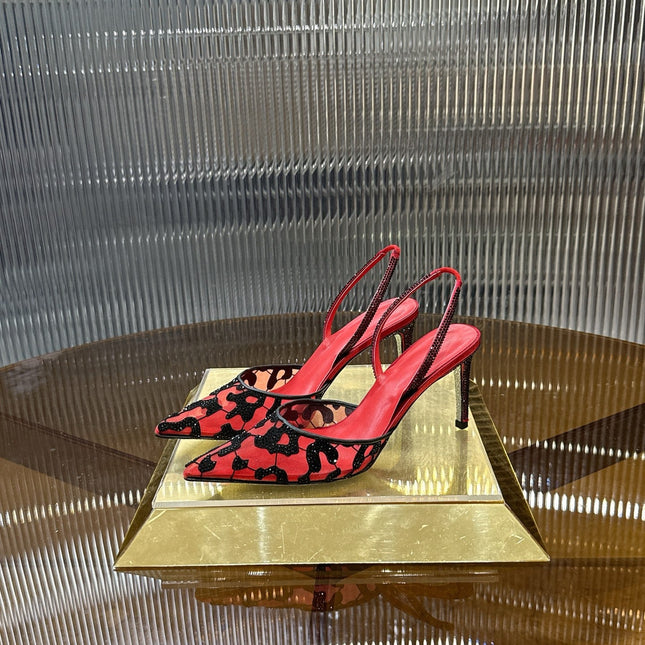 RENE CAOVILLA 26S HIGH-HEEL SLINGBACKS 100 MM IN RED MIX BLACK RHINESTONE MESH