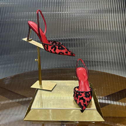 RENE CAOVILLA 26S HIGH-HEEL SLINGBACKS 100 MM IN RED MIX BLACK RHINESTONE MESH