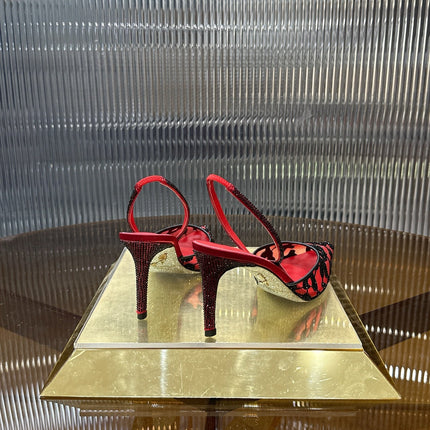 RENE CAOVILLA 26S HIGH-HEEL SLINGBACKS 100 MM IN RED MIX BLACK RHINESTONE MESH