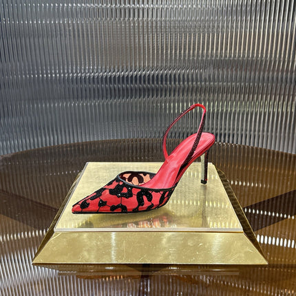 RENE CAOVILLA 26S HIGH-HEEL SLINGBACKS 100 MM IN RED MIX BLACK RHINESTONE MESH