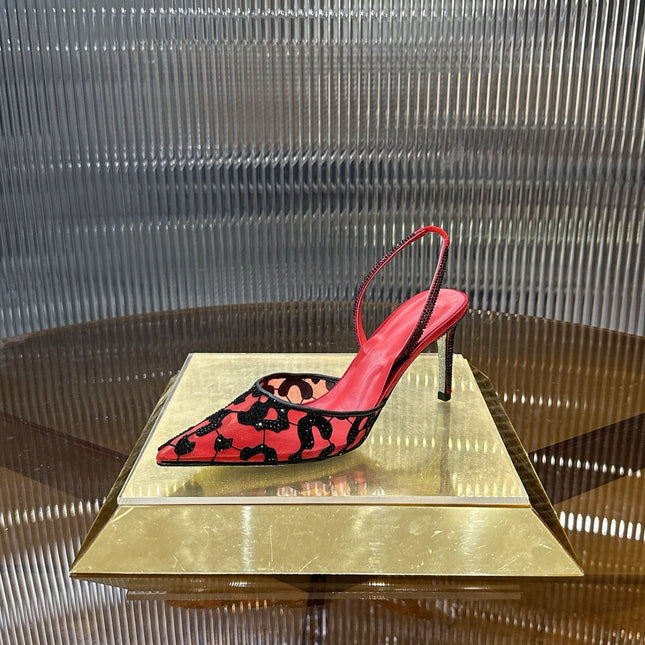RENE CAOVILLA 26S HIGH-HEEL SLINGBACKS 100 MM IN RED MIX BLACK RHINESTONE MESH