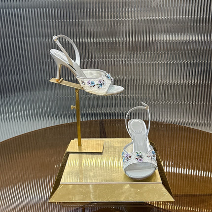 RENE CAOVILLA 26S HIGH-HEEL SANDALS 75 MM IN WHITE MESH AND SILVER LAMBSKIN FLOWER-EMBELLISHED