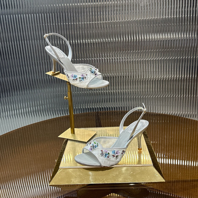 RENE CAOVILLA 26S HIGH-HEEL SANDALS 75 MM IN WHITE MESH AND SILVER LAMBSKIN FLOWER-EMBELLISHED