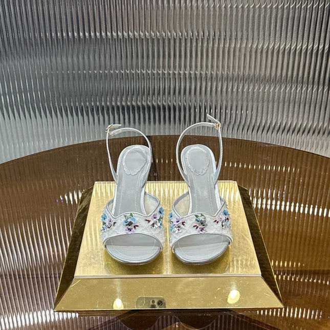 RENE CAOVILLA 26S HIGH-HEEL SANDALS 75 MM IN WHITE MESH AND SILVER LAMBSKIN FLOWER-EMBELLISHED