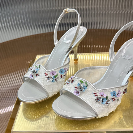 RENE CAOVILLA 26S HIGH-HEEL SANDALS 75 MM IN WHITE MESH AND SILVER LAMBSKIN FLOWER-EMBELLISHED