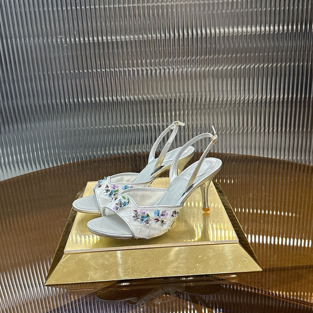 RENE CAOVILLA 26S HIGH-HEEL SANDALS 75 MM IN WHITE MESH AND SILVER LAMBSKIN FLOWER-EMBELLISHED