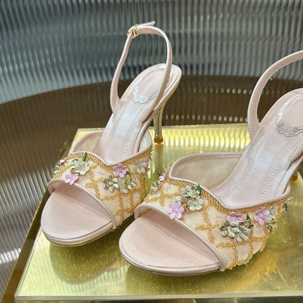 RENE CAOVILLA 26S HIGH-HEEL SANDALS 75 MM IN BEIGE LAMBSKIN FLOWER-EMBELLISHED