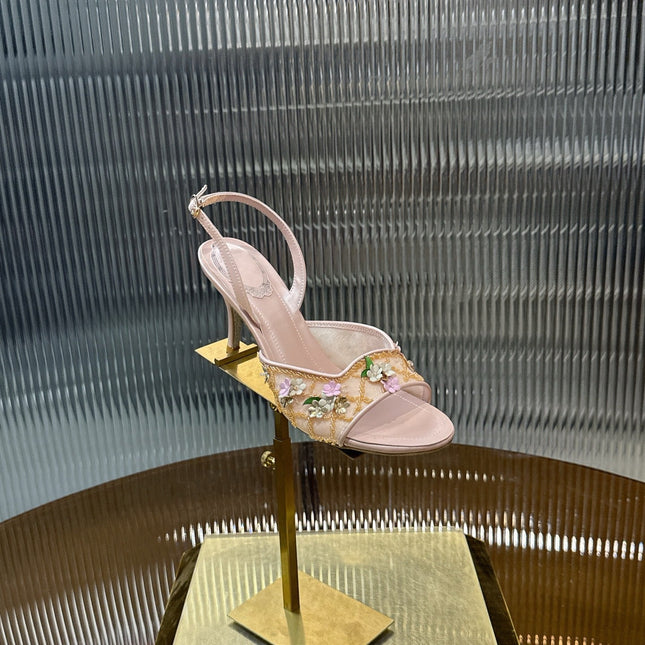 RENE CAOVILLA 26S HIGH-HEEL SANDALS 75 MM IN BEIGE LAMBSKIN FLOWER-EMBELLISHED