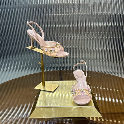 RENE CAOVILLA 26S HIGH-HEEL SANDALS 75 MM IN BEIGE LAMBSKIN FLOWER-EMBELLISHED